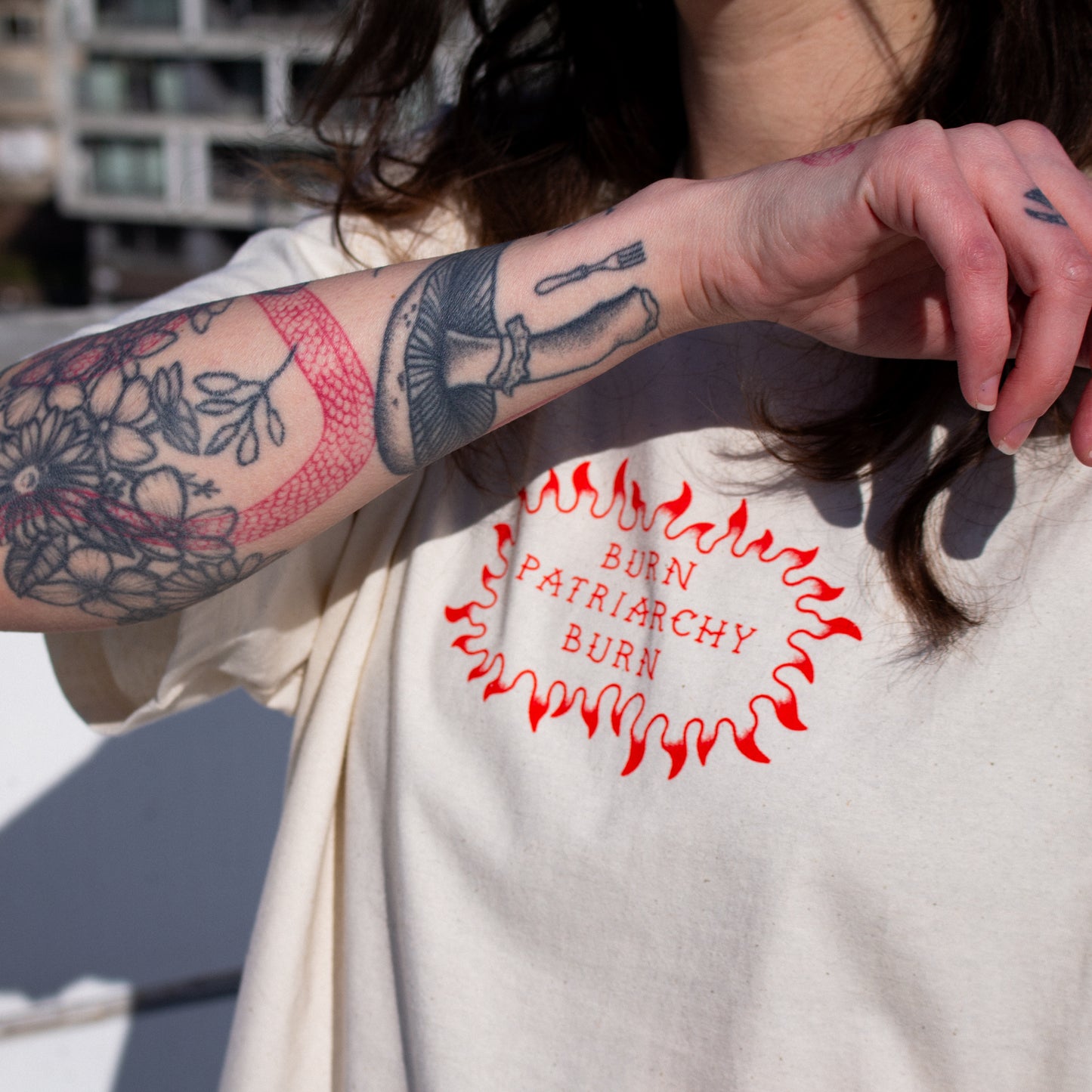 Feminist activism T-Shirt 'Burn patriarchy burn' portrait front