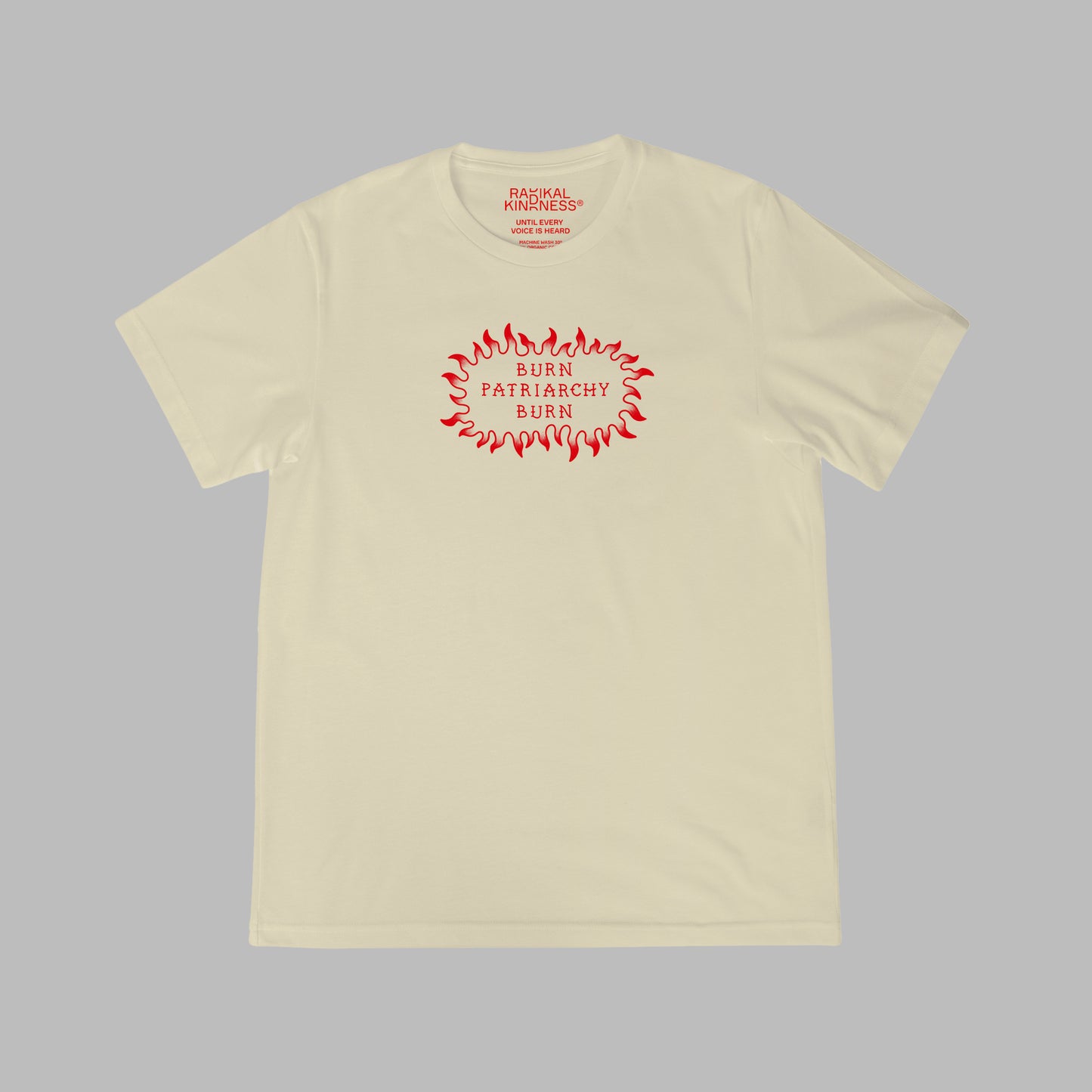 Feminist T-Shirt 'Burn patriarchy burn', frontprint natural raw