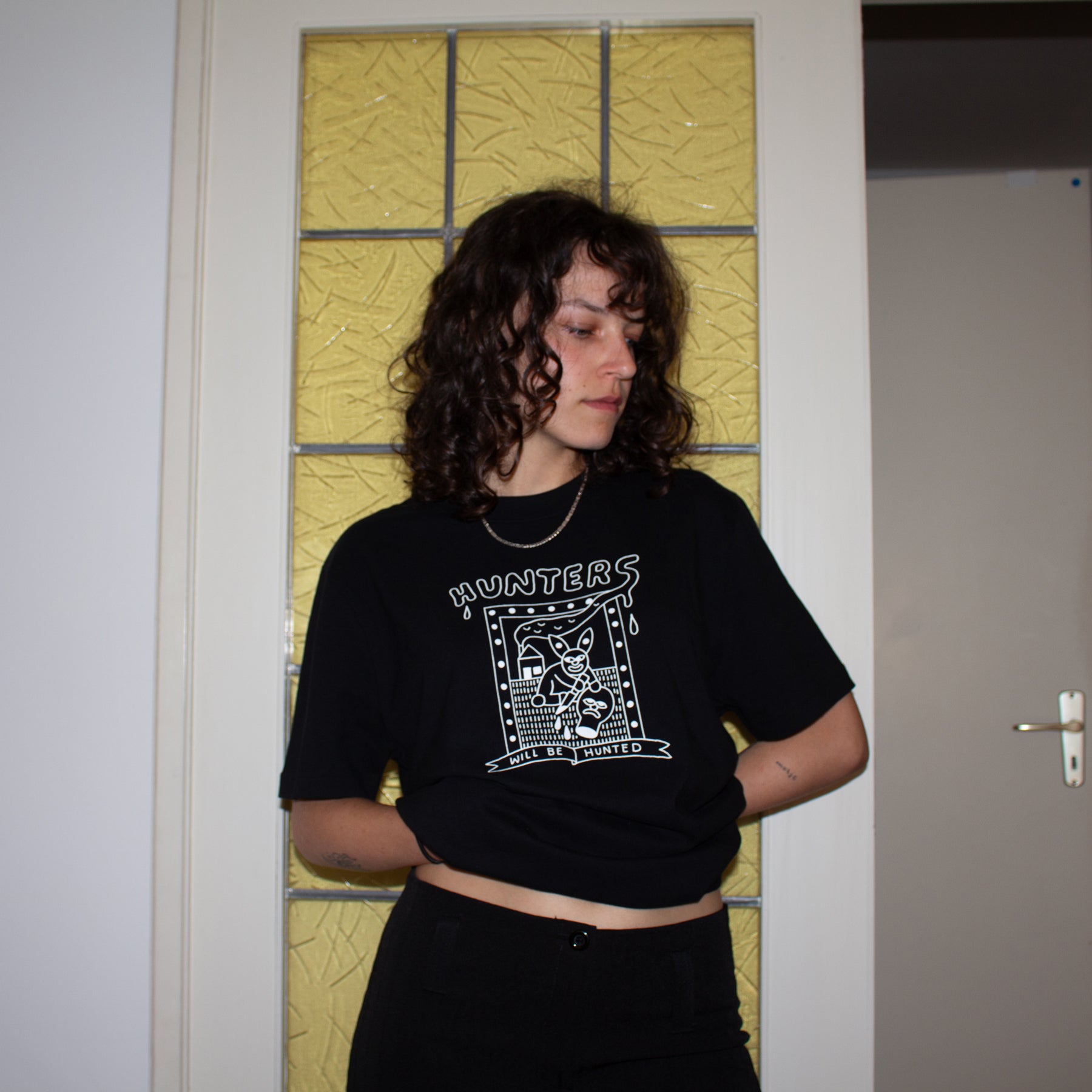 Vegan activism T-Shirt 'Hunters will be hunted', portrait front 