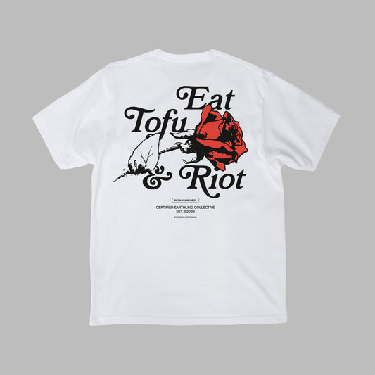 Vegan activism T-Shirt 'Eat tofu and riot', backprint